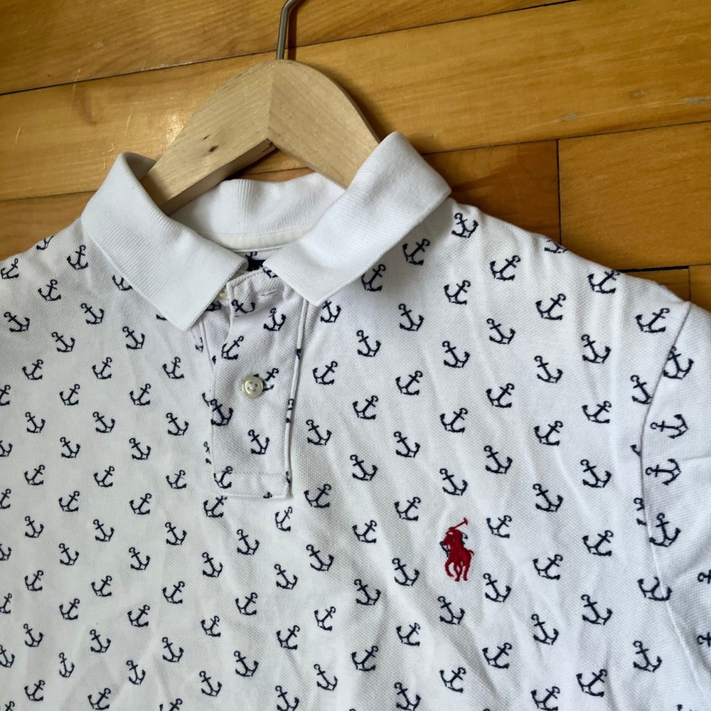 Polo Ralph Lauren Mens Custom Slim Fit Anchor Print Polo Shirt White Navy S - Picture 2 of 6